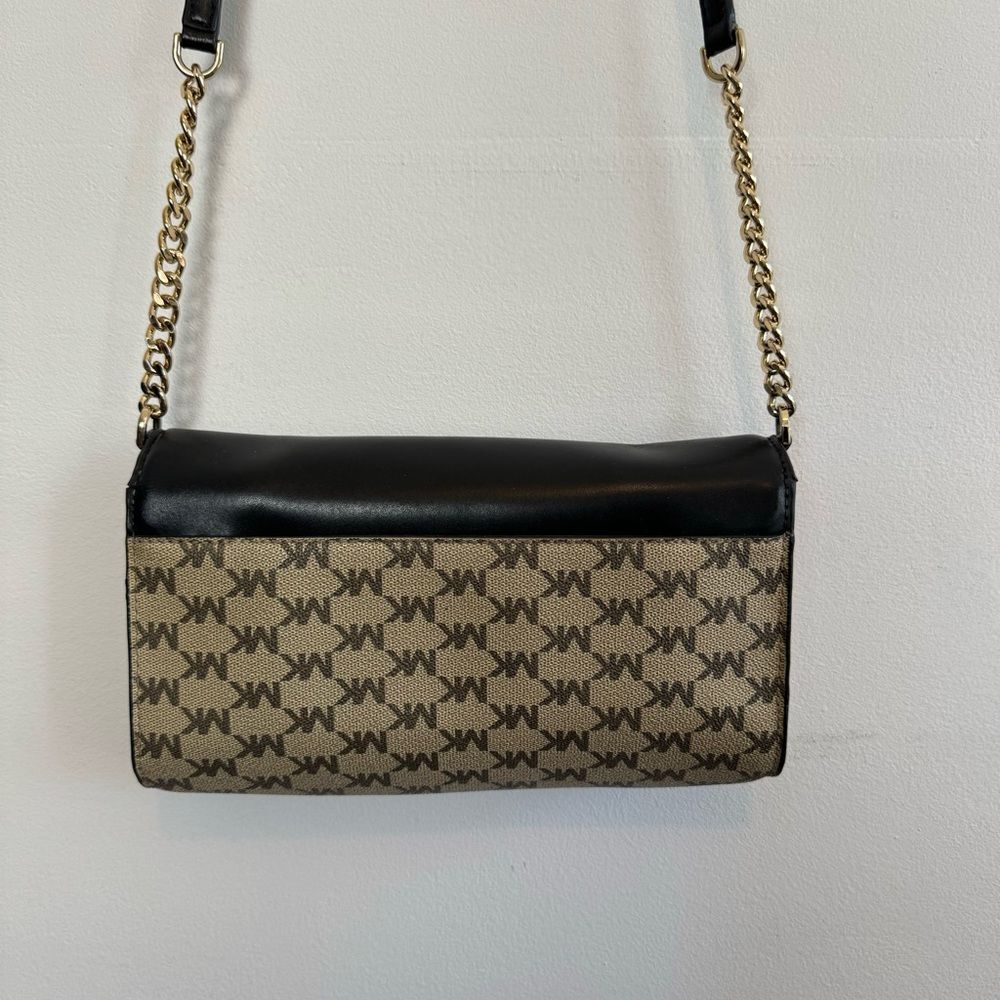 Michael Kors Crossbody Bag Black Brown MK Logo Leather Gold Chain Shoulder Bag - Picture 8 of 11